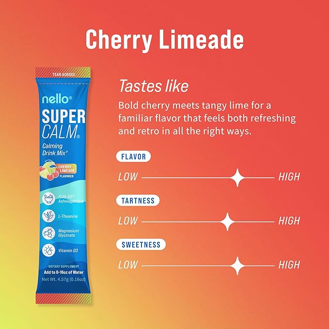 Nello Supercalm Powdered Drink Mix, Cortisol Reducer* and Sleep Aid Supplement, L Theanine, Ksm-66 Ashwagandha, Magnesium Glycinate, Vitamin D 3, No Sugar, Non GMO, On The Go, 20 Ct, Cherry Limeade