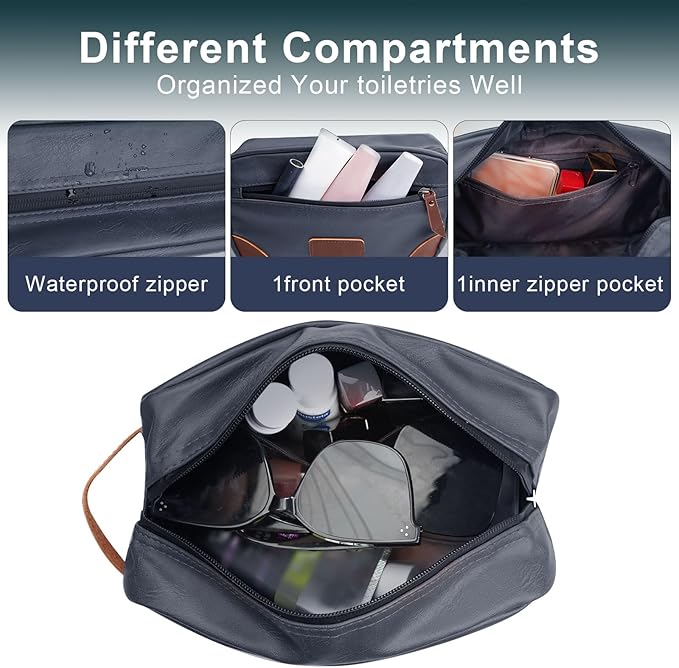Wohlbege Men's Travel Toiletry Bag - Large Waterproof Organizer, 2 Zippered Pockets for Shaving/Cosmetic,Portable Bathroom Bag for Travel/Gym/Business Trips