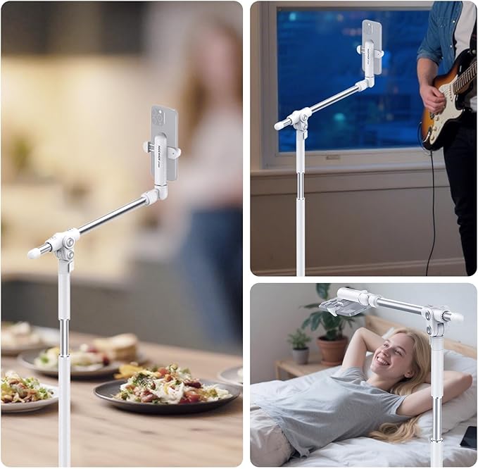NEEWER Basics Phone Floor Stand with Horizontal Extension Arm, Adjustable Cell Phone Holder Clamp Mount Compatible with iPhone Samsung for Video Recording Bed Lying Down, Weighted Base, ST009 White