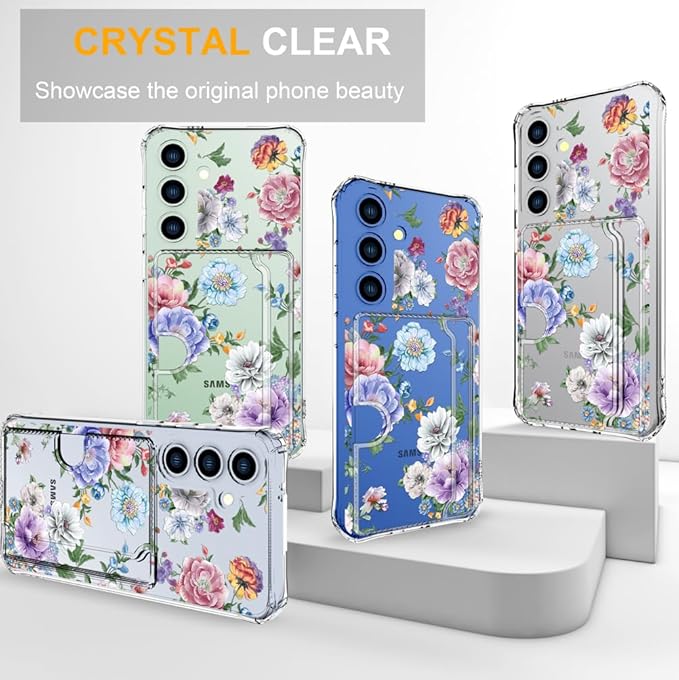Compatible with Samsung Galaxy S24+ Plus / S25+ Plus Case Card Holder for Women Cute Design,Wallet Phone Cases Transparent Cool Kawaii Protective (Clear Amazing Lovely Flowers)