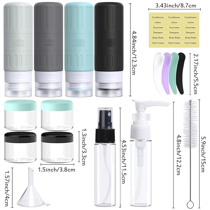 GLAMFIELDS Travel Bottles for Toiletries,TSA Approved 3.3oz Size LeakProof Silicone Toiletry Containers for Shampoo, Conditioner,Easy to Squeeze，Portable Travel Essentials for Lotion(18 Pack) Gray