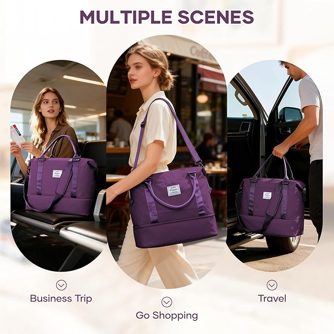 Travel Duffel Bag, 18x14x8 Inches Travel Bag Spirit with Shoes Compartment, Weekender Overnight Bag for Women with Trolley Sleeve, Carry On Bag for Airplanes Sport Tote Gym Bag DeepPurple