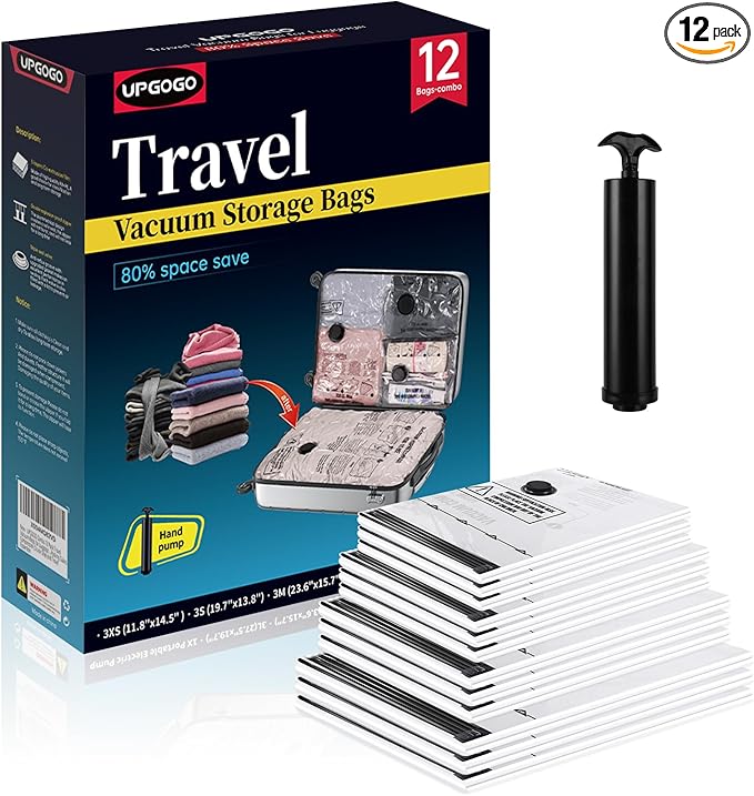 UPGOGO Travel Vacuum Bags for Luggage with Hand Pump,Vacuum Seal Bags for Clothing,Packing Cubes Compression,Cruise Ship and Travel Essentials(Combo 12 Pack)