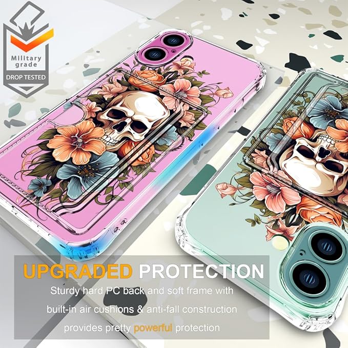 Compatible with iPhone 17 Case Card Holder for Women Cute Design,Wallet Phone Cases Transparent Cool Kawaii Protective (Clear Skull & Flowers)