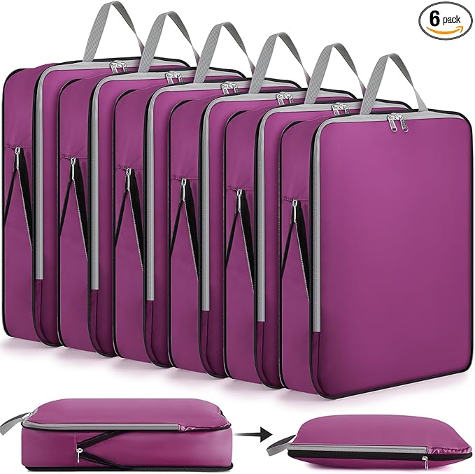 Hosuly 6 Pcs Ultralight Compression Packing Cubes for Travel 17.3 x 12.6'' XL Large Expandable Luggage Organizers for Save Space Family Long Trips (Purple)