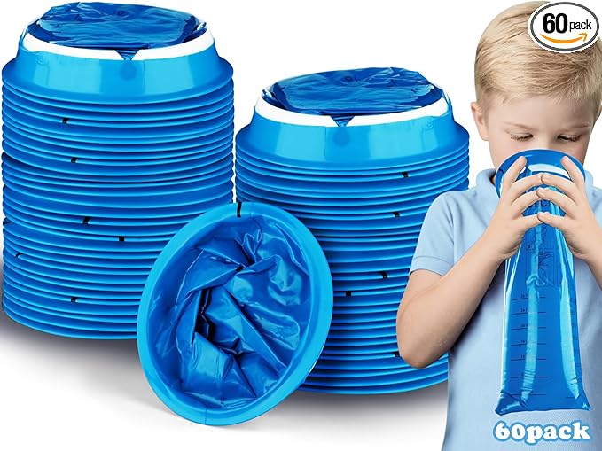 Valchoose 60 Pack Kids Barf Bags, Children Emesis Bags Disposable 800ml, Leak-Proof, Puke, Throw Up, Nausea, Vomit, Easy to Use, Perfect for Car Sick, Motion, Chemo, Road Trip, Travel (Blue)