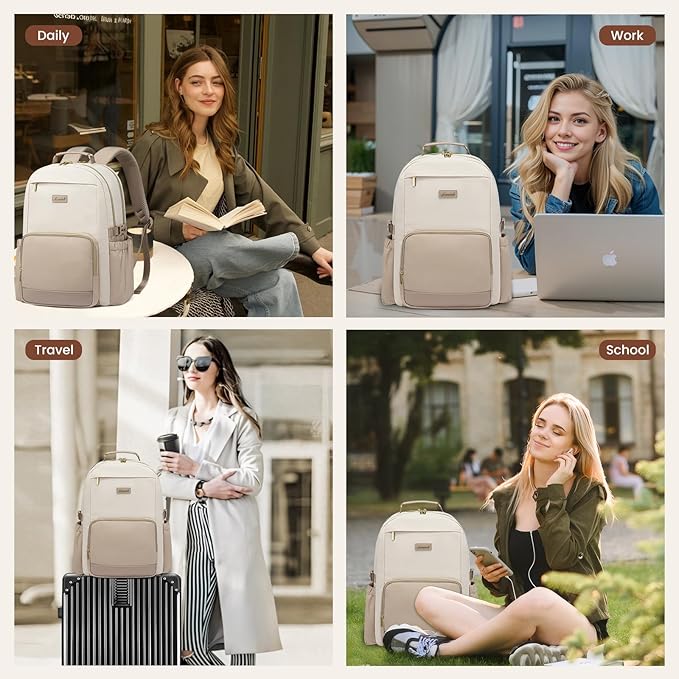 LOVEVOOK Laptop Backpack for Women with Pouch Pocket for Large Capacity Cup,18 Inch Laptop Computer Bag Travel Backpack Purse,Waterproof Work Business Backpack College Teacher Bags,Beige-Khaki