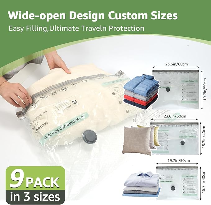 9 Packs Vacuum Bags for Travel with Rechargeable air Pump, 3 Sizes Vacuum Seal Bags for Clothing, Space-Saving Compression Storage Bags for Travel & Closet Organization