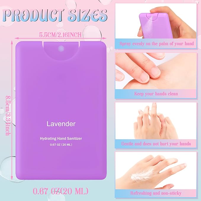 Set of 3 Power Mist Hydrating Hand Sanitizer Spray Bulk Travel Size Effective Hand Sanitizer 0.67 Fl. oz Compact Card Spray Bottle Lavender Vanilla Rainwater Scent for Friend Family Teacher