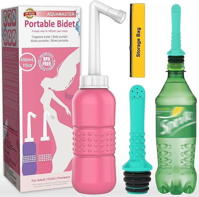 2PCS-Pack Portable Bidet for Travel Bidet Bottle+ Green Pocket Cleaner Backpack Camping Bidets , with Water Seal Cap + Storage Bag ,Peri Bottle for Postpartum Essentials