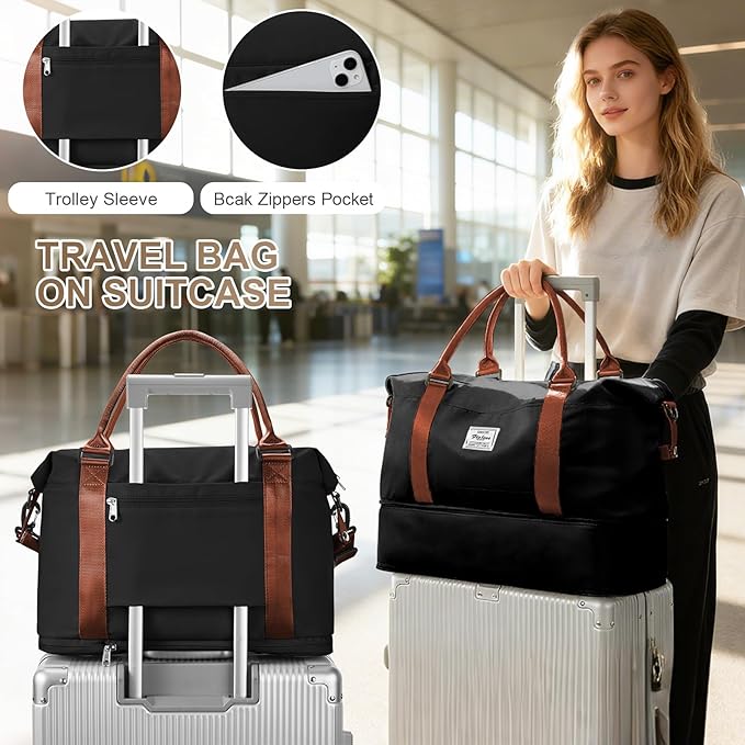 Travel Duffel Bag, 18x14x8 Inches Travel Bag Spirit with Shoes Compartment, Weekender Overnight Bag for Women with Trolley Sleeve, Carry On Bag for Airplanes Sport Tote Gym Bag(Blackbrown)