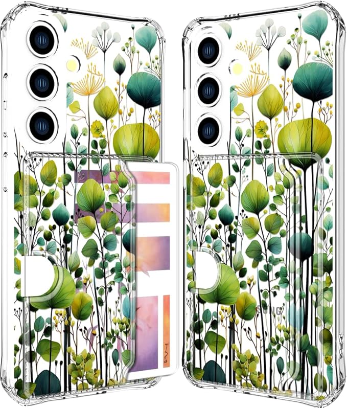 Compatible with Samsung Galaxy S24+ Plus / S25+ Plus Case Card Holder for Women Cute Design,Wallet Phone Cases Transparent Cool Kawaii Protective (Clear Green Flower Leaves Buds)