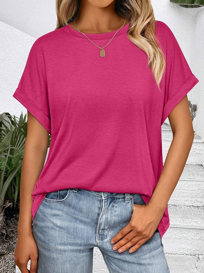 AUTOMET Women's Oversized Short Sleeve T Shirts Casual Drop Shoulder Rolled Cuff Summer Tops for Work, Travel and Lounge
