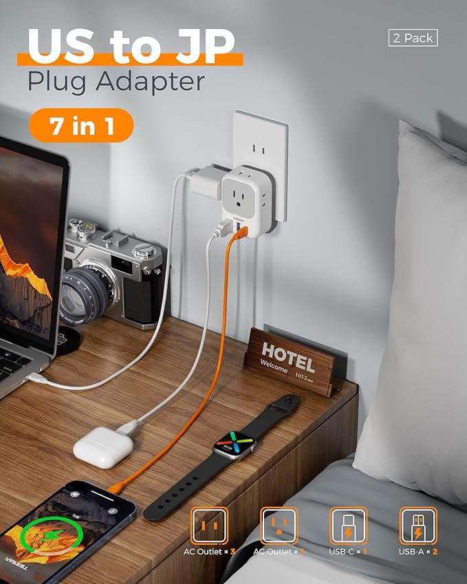 TESSAN 2 Prong to 3 Prong Outlet Adapter 2 Pack, US to Japan Plug Adapter with 4 Outlets 3 USB (1 USB C PD 20W), Outlet Adaptor US to Japan China Mexico Philippines Canada Peru Thailand Vietnam