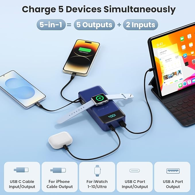 5-in-1 Portable Charger for iPhone,40800mAh Power Bank Built-in Retractable Cable and iWatch Charger,25W PD Fast Charging Battery Pack,Travel Essential Charger for iPhone 17/Air/16,Android,Navy Blue