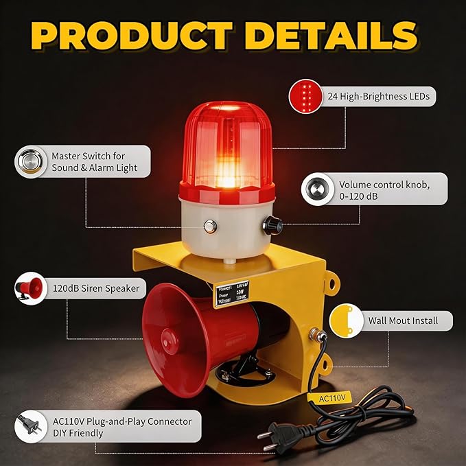 AC110V Industrial Siren Alarm Strobe Light-120dB Loud Horn&Waterproof Red Beacon Warning Light for Emergency,Factory,Fires,Tornado,Intruder Deterrent (with Switch&Volume – Adjustable 0–120dB)