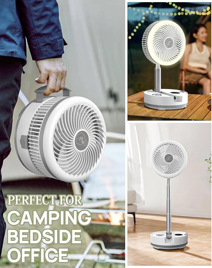 10 inch Portable Fan-Battery Operated Fan, Oscillating Rechargeable Fan with 40000mAh, Remote Control LED Lights, 114HR Run Time, Outdoor Portable Foldable Fan for Camping＆travel (White)