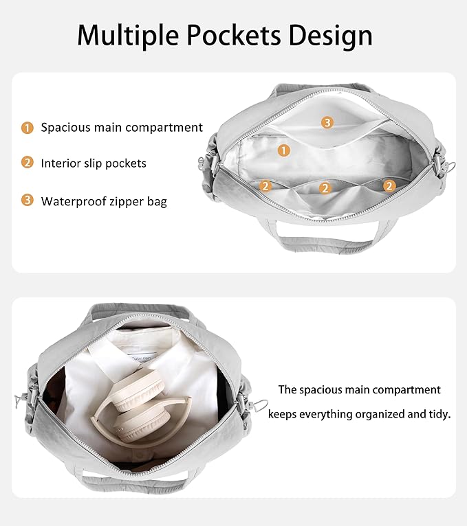 Lightweight Travel Duffle Bag for Women, Quilted Puffy Weekender with Wet Pocket for Gym, Overnight, Personal Item Carry On, Light Grey
