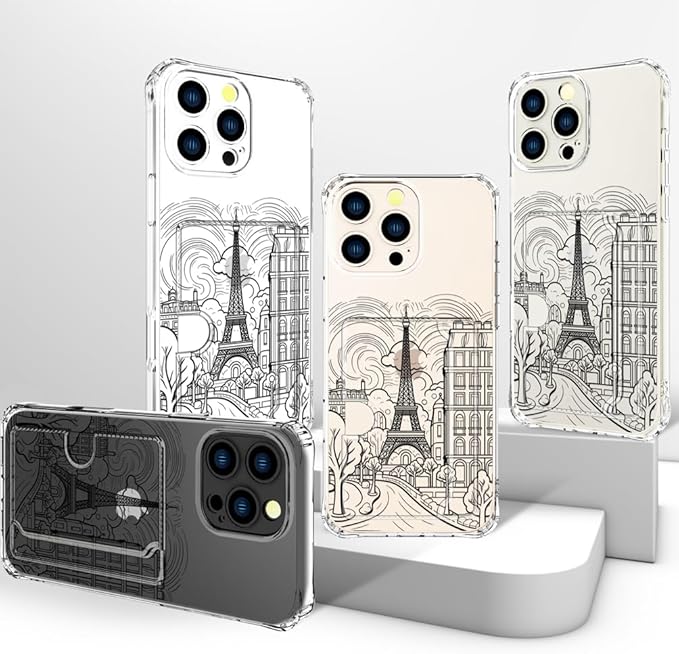 Compatible with iPhone 16 Pro Case Card Holder for Women Cute Design,Wallet Phone Cases Transparent Cool Kawaii Protective (Clear Paris City Eiffel Tower)
