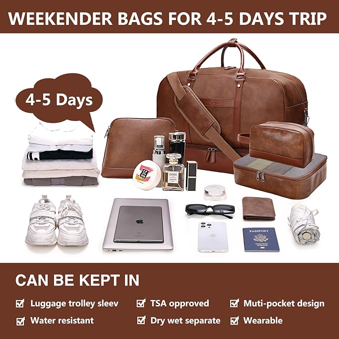 Large 4-in-1 Leather Duffle Bag for Travel Weekender Overnight Hospital Gym Bag for Men & Women, Carry On Airline Approved Personal Item Duffel Garment Bag Luggage with Shoe Compartment & Toiletry Bag