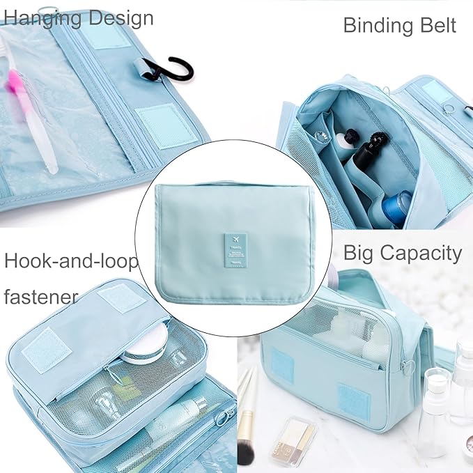 Travel Toiletry Bag for Women, Hanging Toiletry Bag with Multi-Pockets, Toiletry Bag for Traveling Easy Clean, Travel Organizer Bag Sky-blue