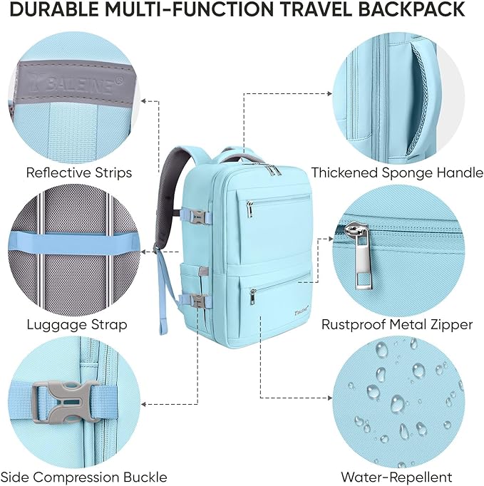 BALEINE Travel Backpack for Women Men, Large Sturdy Carry On Laptop Backpack Gifts for Business, Casual, Weekender, Hiking (Large, Light Blue)