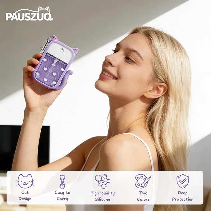 Cat Silicone Case with Keychain & 6 Accessories, Compatible with Touchland Hand Sanitizer Spray Power Mist 1 FL OZ/30ML, Featuring Croc-Style Decorative Holes (Purple)