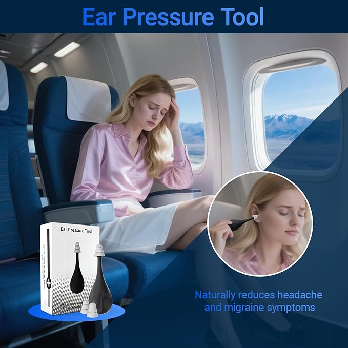 Ear Pressure Relief Device, Migraine Ear Pressure Relief, Airplane Ear Pressure Relief, Ear Pressure Tool with 3 Earplugs, for Ear Pressure Balance and Flying Discomfort
