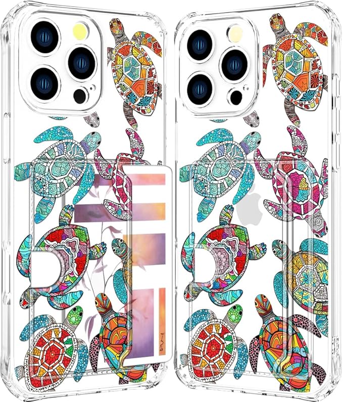 Compatible with iPhone 16 Pro Max Case Card Holder for Women Cute Design,Wallet Phone Cases Transparent Cool Kawaii Protective (Clear Sea Turtles Animal Tribal)