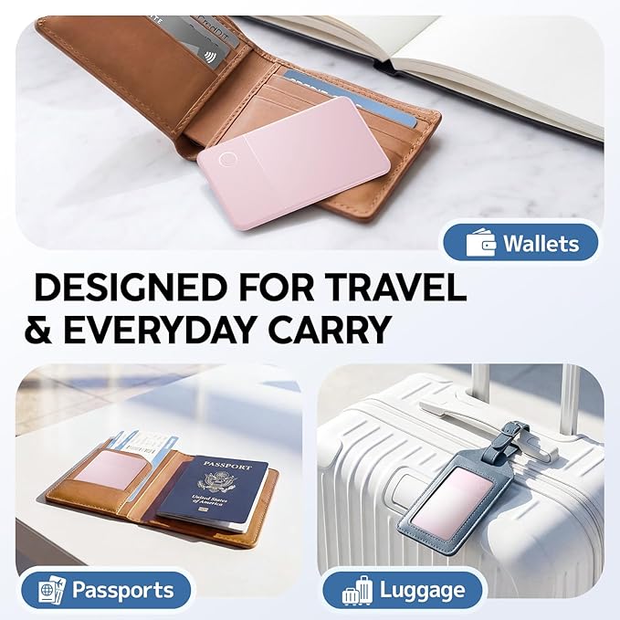 Slim Rechargeable Wallet Tracker Card – Ultra-Thin Item Locator for Wallet, Luggage & Passport, Compatible with iOS (iOS Only) (Pink)