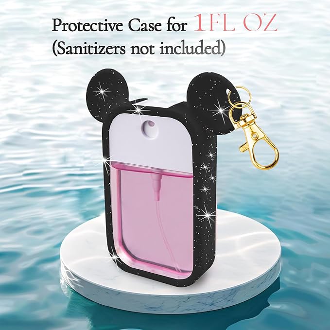 TERPINK Silicone Case Compatible with Touchland Hand Sanitizer Spray 1 fl oz, Mouse Design Protective Case with Keychain, Hand Sanitizer Spray Accessory 1 Pack (Glitter Sequin Black)