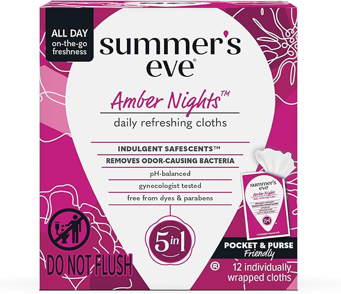Summer's Eve Amber Nights Feminine Wipes, with Gentle pH-Balanced Formula Designed to Remove Odor, Individually Wrapped Wipes, 12 Count