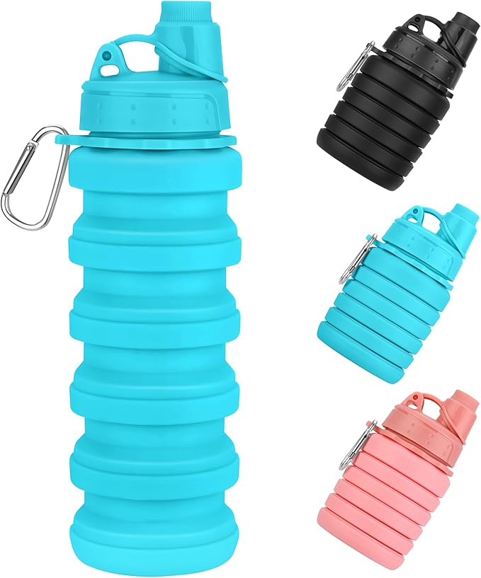 Collapsible Water Bottles 17oz, Reusable BPA Free Silicone Foldable Water Bottle With Carabiner, Lightweight Leakproof Travel Water Bottle for Gym, Traveling, Camping, Hiking, Sports-Blue