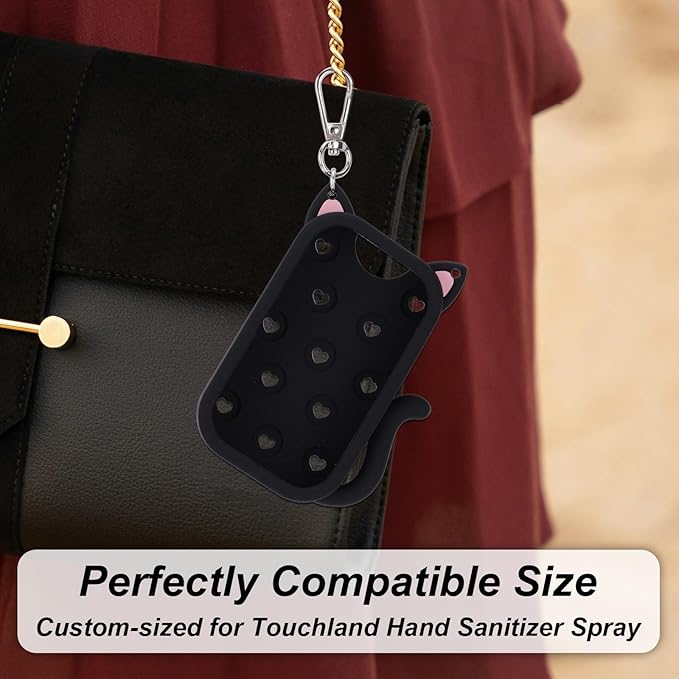 Cat Silicone Case for Touchland Hand Sanitizer Spray 1 fl oz/30ml, Soft & Portable Silicone Protective Holder for Touch Land with Keychain Practical Travel Accessories (Black)