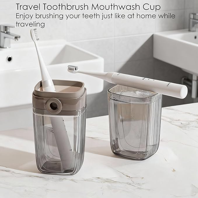 Toothbrush Travel Case, 2 in 1 Portable Travel Toothbrush Holder with Mouthwash Cups, Leakproof Travel Toothbrush and Toothpaste Container for Traveling Camping Dorm Office Business Trip