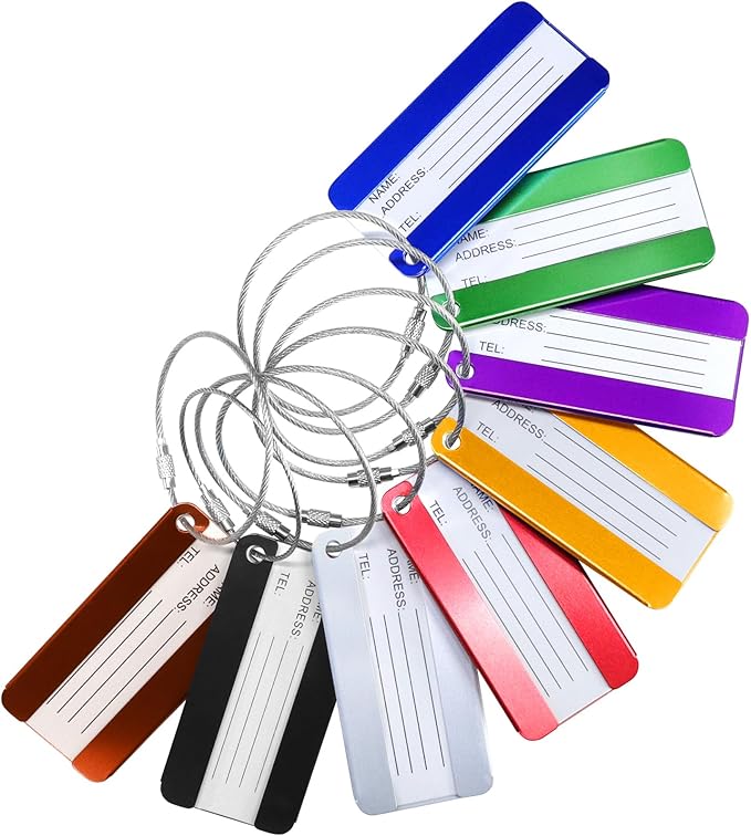 AOUTACC 8 Pack Aluminium Metal Travel Luggage Tags Suitcase Card Holder Baggage Name Address ID Bag Label with Key Ring