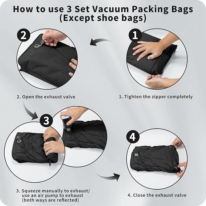 Eulant 5 Set Vacuum Packing Bags for Travel With Pump,Professional IPX8 Zip Packing Organizer for Suitcases Backpack,Space Saver Bags Packing Organizers for Clothing Packing(5 Set,Black)