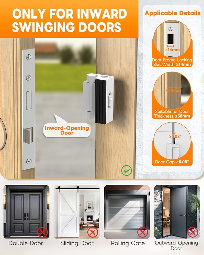 Portable Door Lock for Travel, Adjustable No Drilling Door Reinforcement Lock, Extra Latch Stopper for Hotel Room, Home Apartment, Inward Swing Door - Family & Travelers Security (White-1PC)