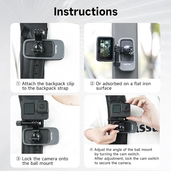 TELESIN Magnetic Mount, 360° Rotating Backpack Clip with Phone Holder for iPhone Accessories for Hero 13 12 11 10 Akaso Insta360 Ace Pro 2 X5 X4 X3 DJI Nano Action 6 5 Pro 4 3 Pocket 3 Bike Motorcycle