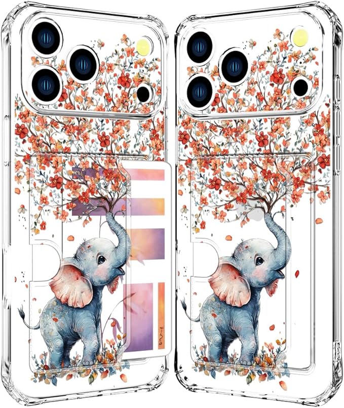 Compatible with iPhone 17 Pro Case Card Holder for Women Cute Design,Wallet Phone Cases Transparent Cool Kawaii Protective (Clear Elephant Creating Flowers)