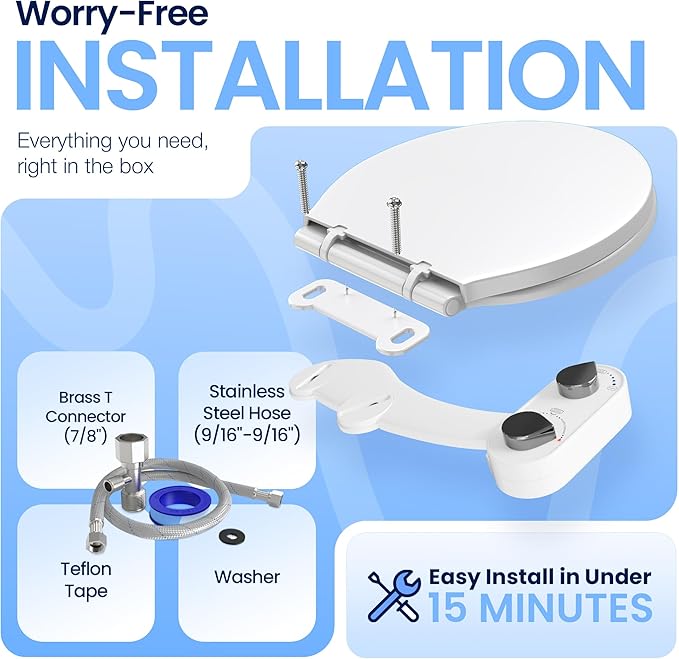 CLEAR REAR Bidet Attachment for Toilet Seat - Non-Electric with Self Cleaning Nozzles, Leak Proof Connectors, Adjustable Water Spray, Rear & Feminine Wash - Hygienic Bathroom Upgrades (White)
