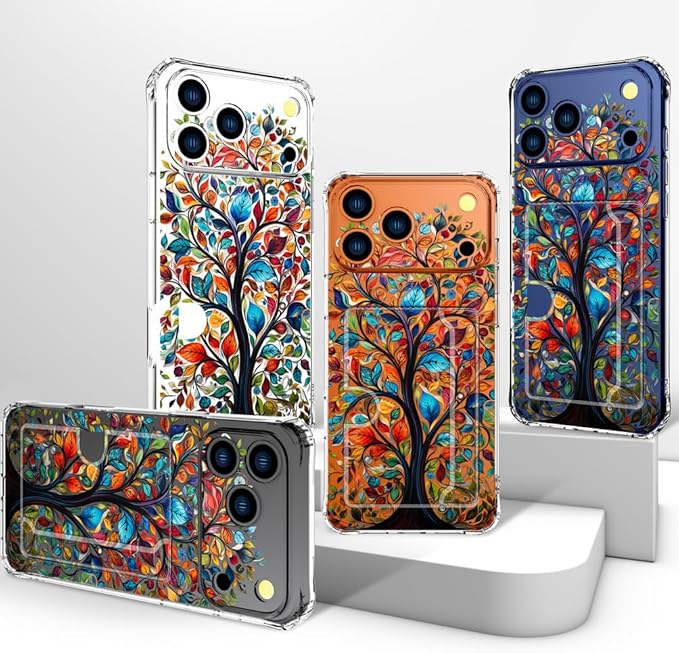 Compatible with iPhone 17 Pro Max Case Card Holder for Women Cute Design,Wallet Phone Cases Transparent Cool Kawaii Protective (Clear Tree Colorful Leaves)