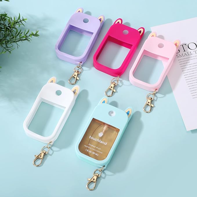 2 Pack Silicone Case for Touchland Hand Sanitizer Spray – Protective Soft Cover with Keychains for 1 FL OZ/30 mL(Rose&Purple)