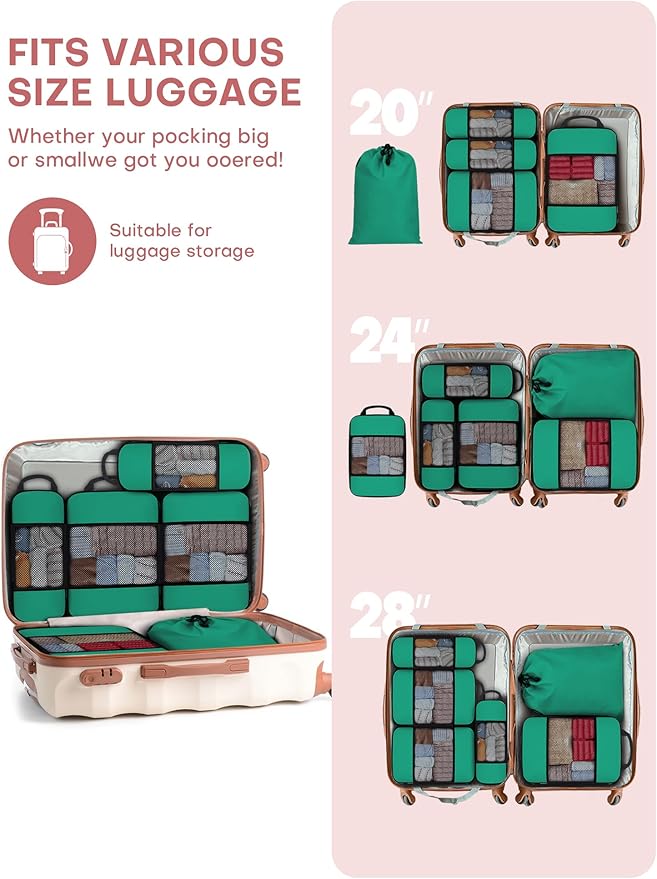 SDGFUI 6 PCS Set Compression Packing Cubes for Travel, Lightweight Packing Organizer Bags Travel Essentials for Carry On, Suitcase, Home Closet - Green
