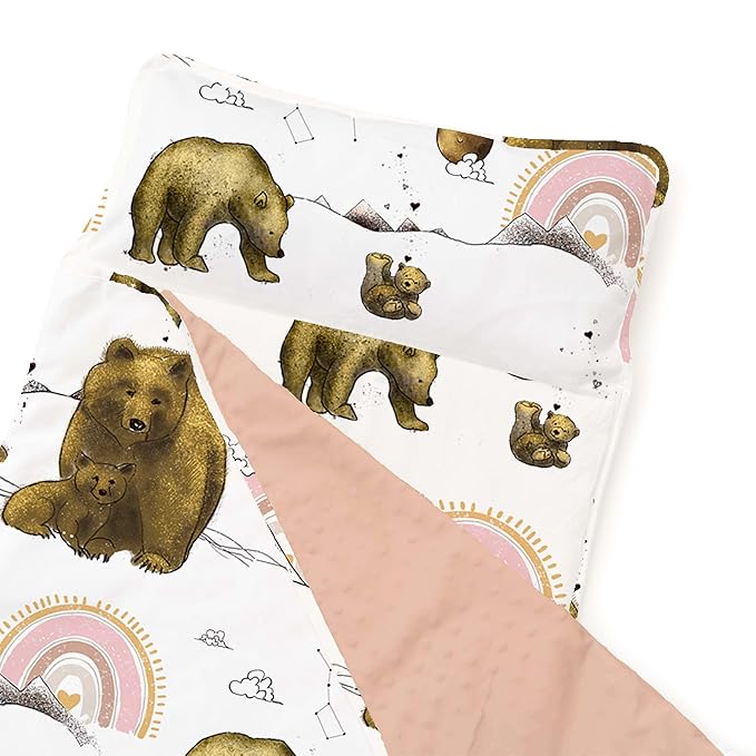 JumpOff Jo Extra Long Nap Mat for Kids - Cozy Kids Rest Mat with Removable Pillow and Ultra Soft Blanket for Preschool, Daycare, and Sleepovers - Rainbow Bears