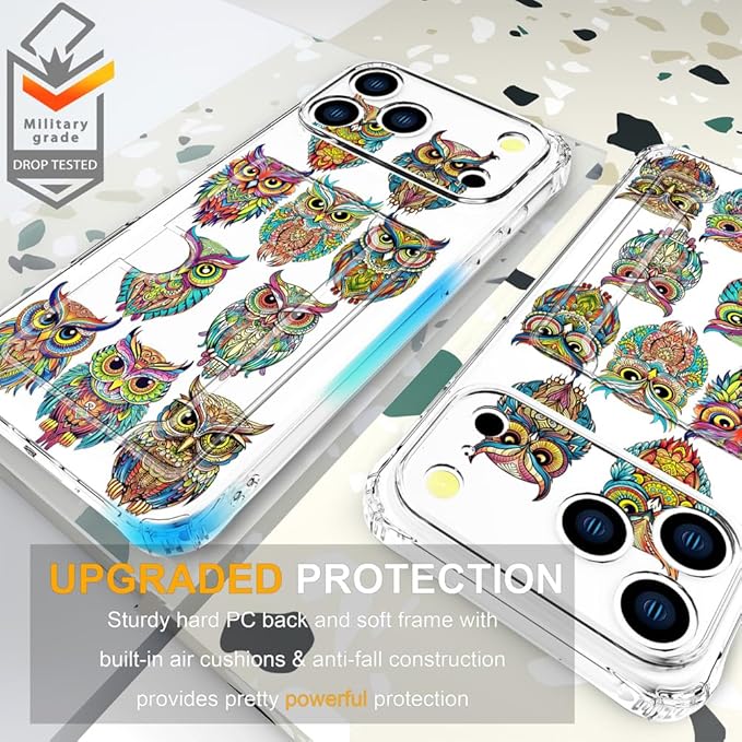 Compatible with iPhone 17 Pro Case Card Holder for Women Cute Design,Wallet Phone Cases Transparent Cool Kawaii Protective (Clear Colorful Owls Cartoon)
