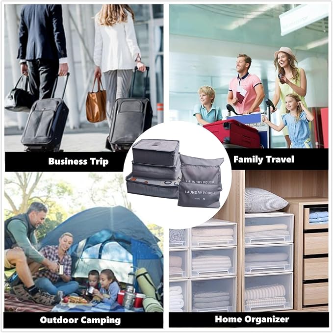 6 PCS Packing Cubes for Carry on Luggage - Travel Packing Organizers Set, Grey Polyester Mesh & Laundry Bags with Double Zipper & Portable Handle
