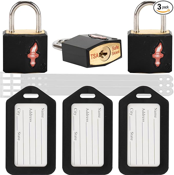 TSA Approved Luggage Locks 3 Pack with Luggage Tags | 6 Keys, Black Travel Lock Bundle - Solid Brass Core & Rubber Armor Padlocks for Suitcases, Backpacks (TSA Certified)