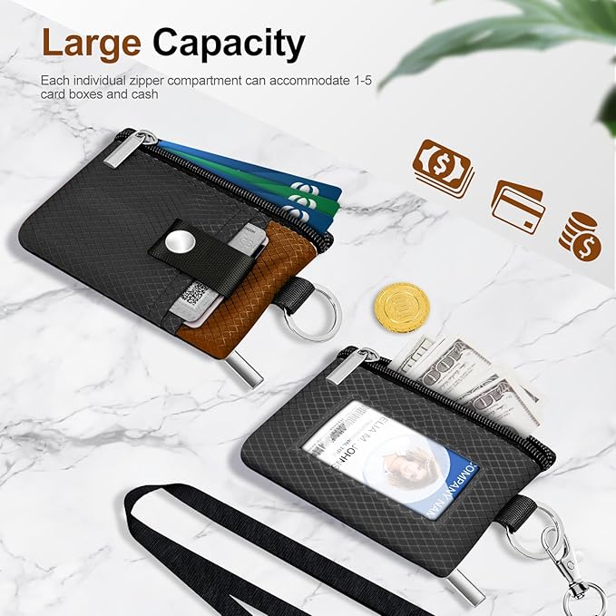Minimalist RFID Blocking Small Wallet with ID Window,WaterResistant Zip Id Case Wallet with Lanyard Keychain for Cards,Cash,Travel,Women,Men（Drak Grey/Brown）