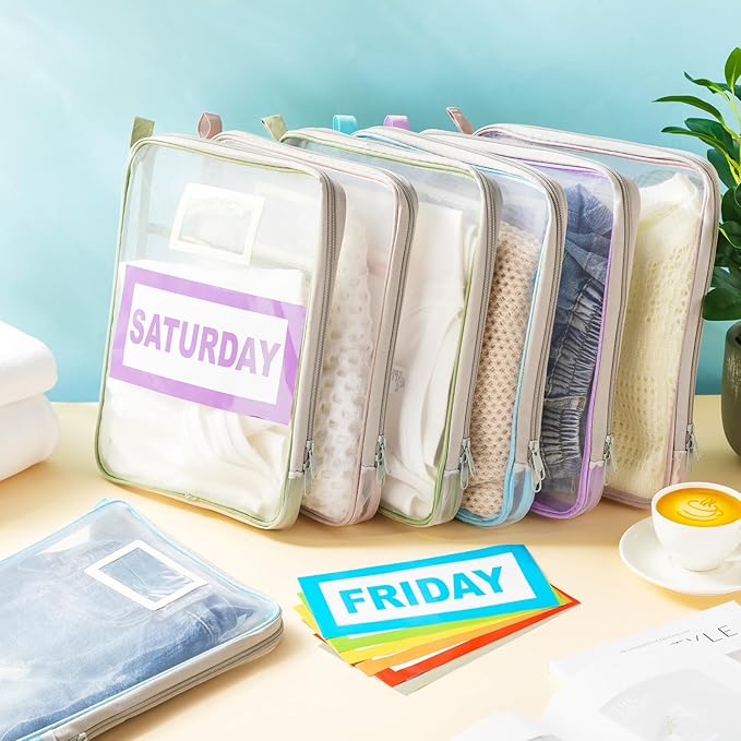 Honoson 14 Pack Packing Cubes for Travel Days of Week Packing Cubes with Labels Clear Zippered Storage Bag for Travel Summer Camp Essentials